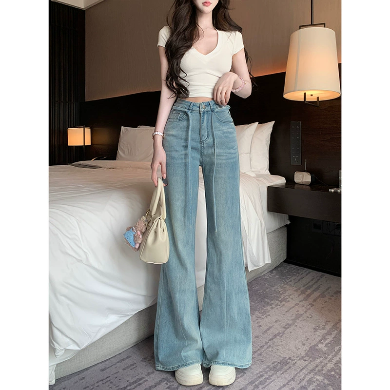 Дизайнерские брюки с высокой талией и завязками, не облегающие брюки для женщин, весенние мягкие утягивающие джинсы 2025 года.