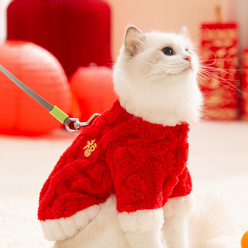 Año Nuevo chino de otoño y invierno para gatos con una chaqueta de terciopelo cálida de dos pies para celebrar el Año Nuevo para perros y mascotas.