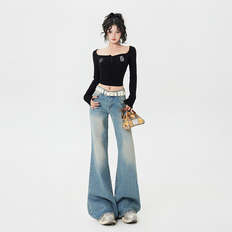 미국 스타일 레트로 워터 마크 디자인 낮은 허리 핫 소녀 플래 팬츠 모든 경기 청바지 및 긴 바지