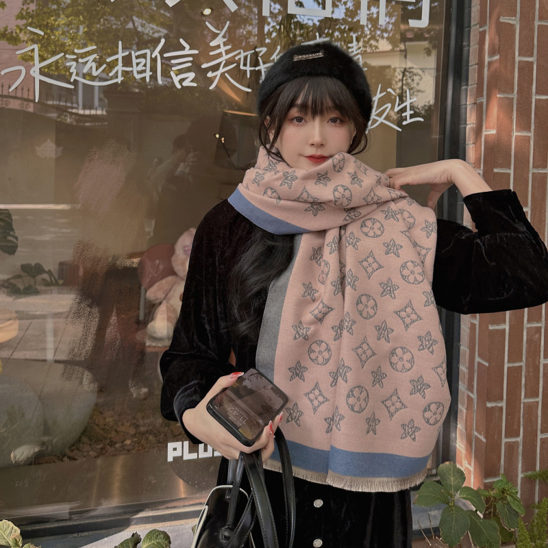 スカーフ女性の秋と冬の新しい模造カシミヤ両面ジャカード暖かいショール厚みのある五葉の花のスカーフハイエンドのファッション|undefined