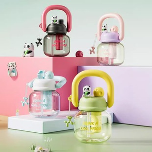 Portable Water Bottle, Cute Cartoon Plastic Cup, Large Capacity, Children's Student Double Drinking Cup, Wholesale Straw