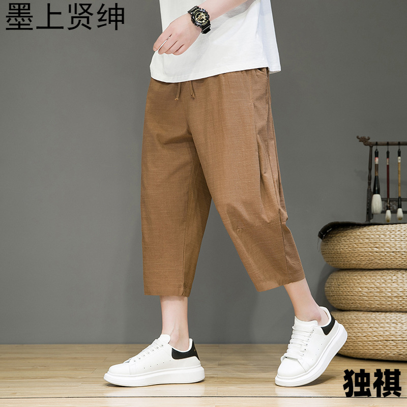 Pantalones cortos de lino, pantalones finos de verano para hombres, pantalones rectos sueltos, pantalones de 7 puntos de algodón y lino de estilo chino, pantalones cortos casuales