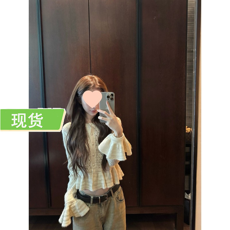 Yuyu Private Label Hollow Crochet Ruffle Alpaca Wool Knit Cardigan Yuyu Private Label Hollow Crochet Ruffle Alpaca Wool Knit Cardigan