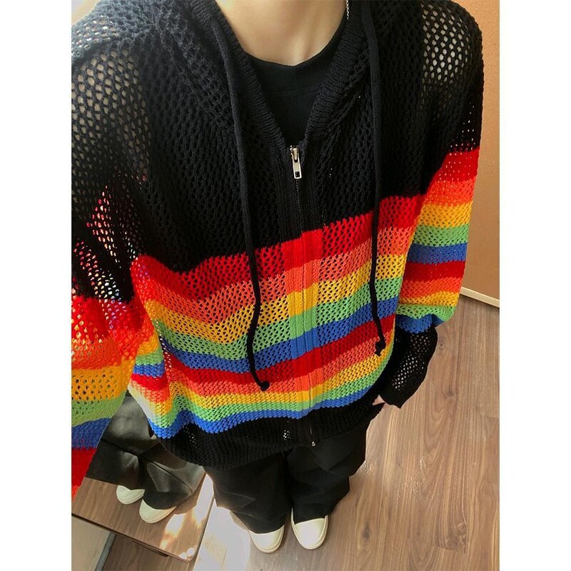 Rainbow Contrast Hollow Zipper Knitted Cardigan Men's Summer Sense Lazy Style Hooded Shirt Coat Blouse