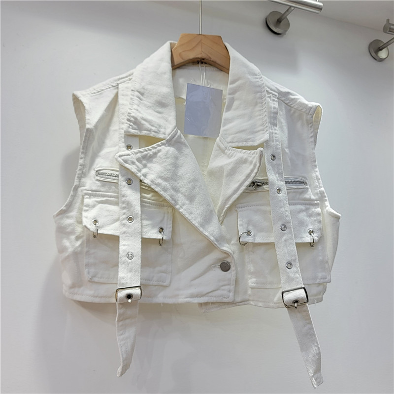 Estilo europeo y americano nuevo diseño personalidad edad-reducción Rosa ropa de trabajo gran bolsillo cinta Denim chaleco abrigo para las mujeres