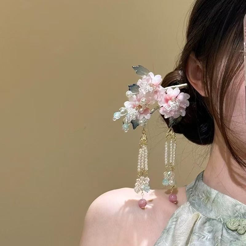 恰逢江南~新中式簪花绢花发钗流苏发簪子古典头饰汉服旗袍头饰女|undefined