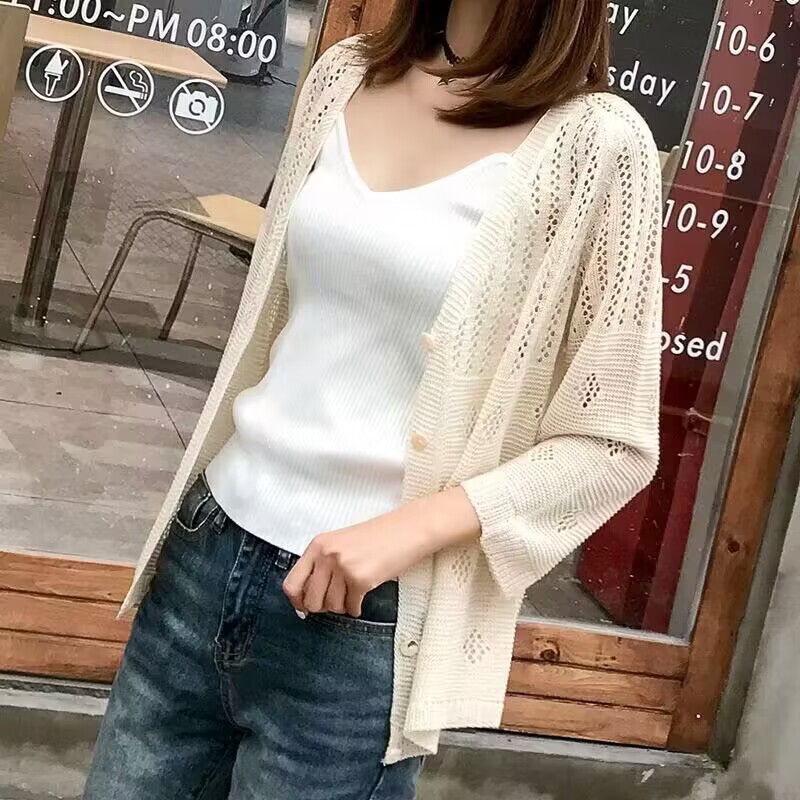 Hollow Ice Silk Knitted Cardigan Women's Spring and Summer New Korean-style Thin Internet Trendy Coat Loose Outer Wear Sun-protective Shirt