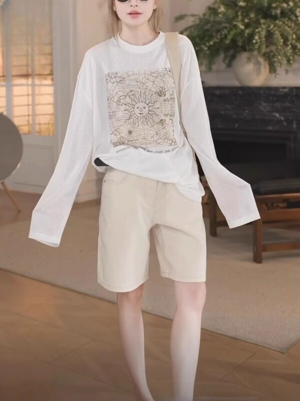 小太阳字母印花薄款长袖T恤女2025夏季新款慵懒风天丝棉防晒衫女|undefined