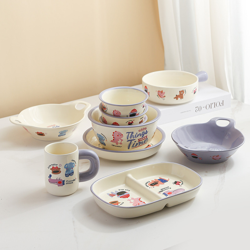 Household ins Cute Children's Fun Tableware Girl Cream Graffiti Ceramic Plate Dessert Bowl Breakfast Children's Tableware