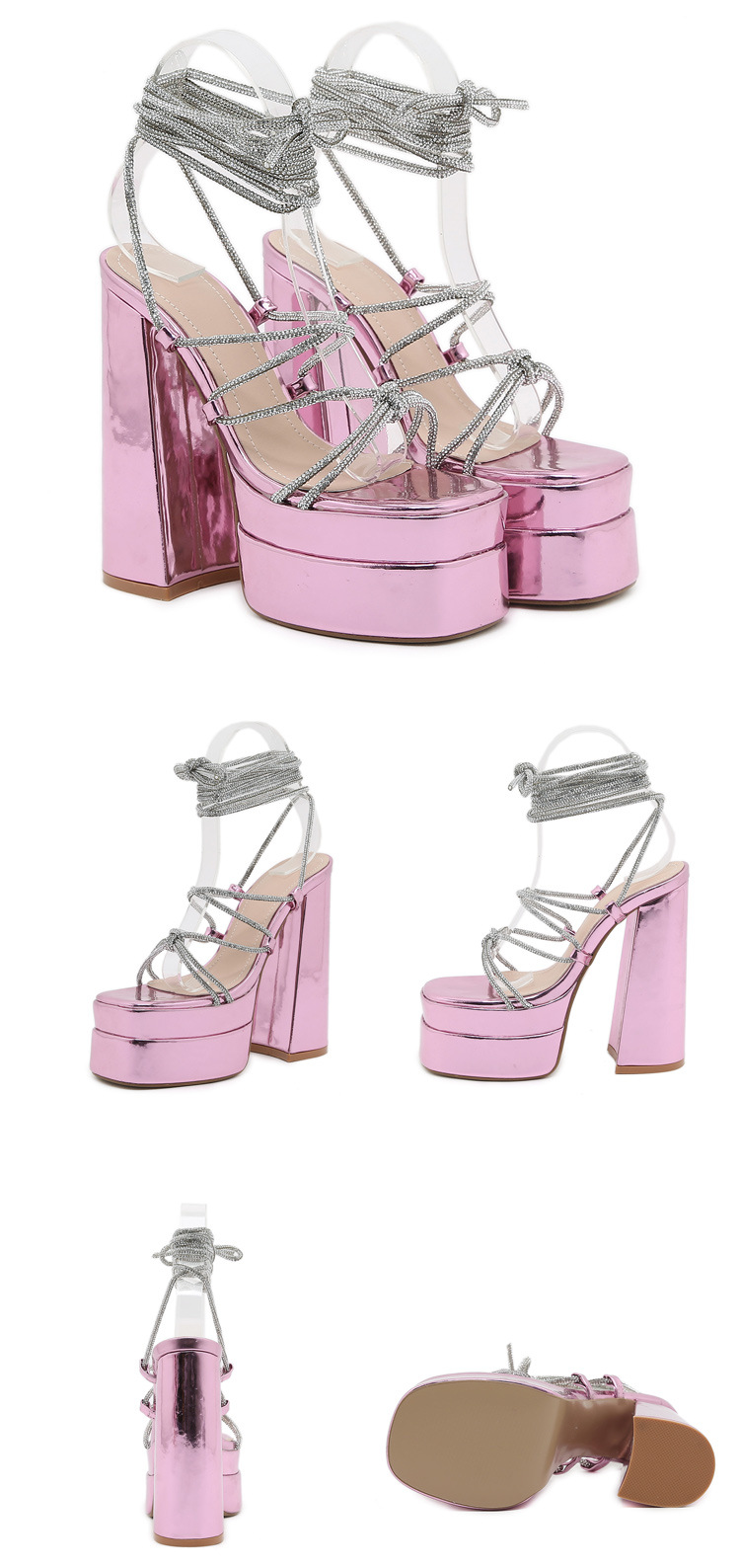 Dép sandal cao gót La Mã đính đá Rhinestone, quai dây buộc cỡ lớn — Màu đen chi tiết 20