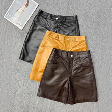 25早秋新款绵羊皮短款女高腰A字口袋显瘦简约直筒修身真皮五分裤