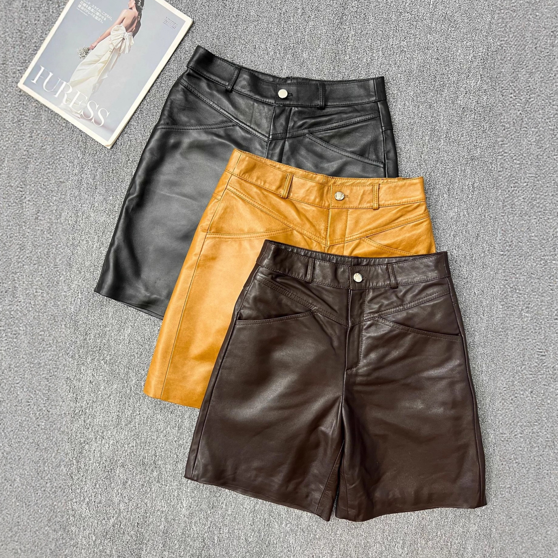 25早秋新款绵羊皮短款女高腰A字口袋显瘦简约直筒修身真皮五分裤