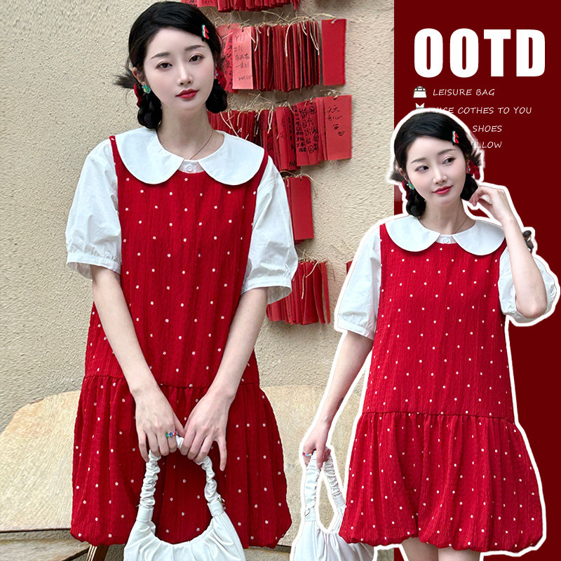 Real Shot Ready-Made Summer Doll Collar Shirt + Sweet Red Polka Dot Vest Skirt Two-Piece Maternity Wear