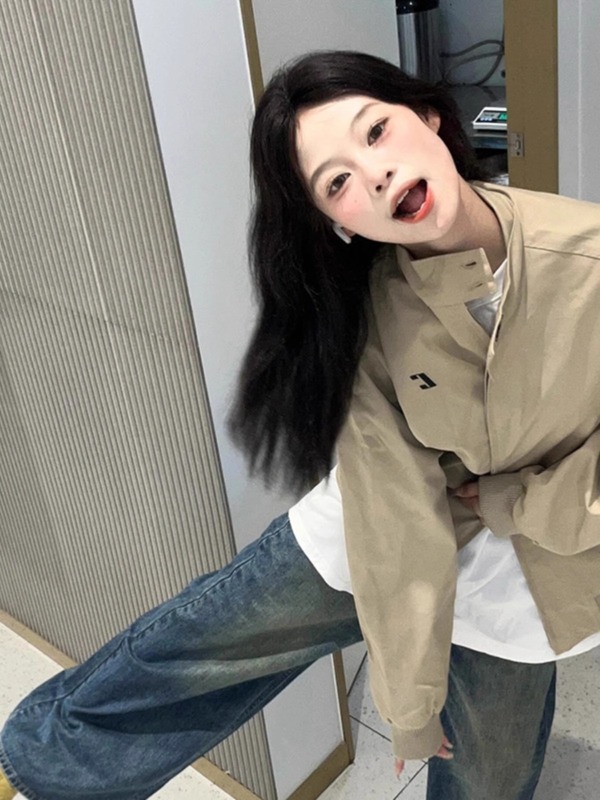 美式工装卡其色拉链开衫短外套女春秋冬新款设计感百搭棒球服上衣|undefined