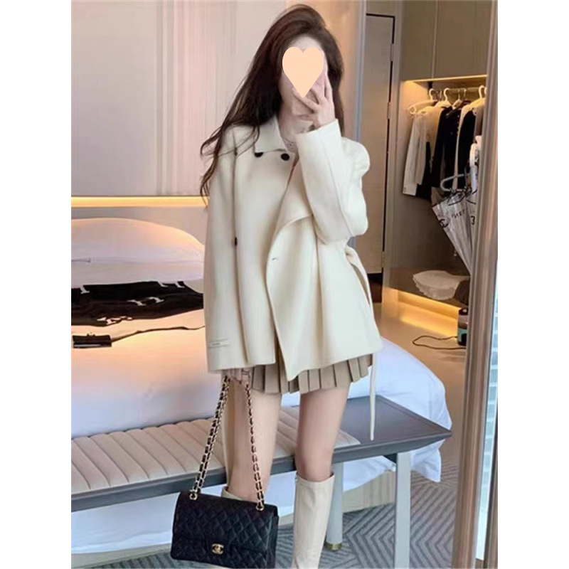 米白色雙面羊毛大衣外套女秋季女短款小個子韓系斜扣系帶毛呢外套