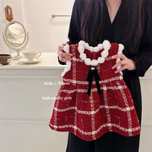 女童童装蝴蝶结金线背心裙儿童2025秋冬季周岁礼服红色格子裙上衣