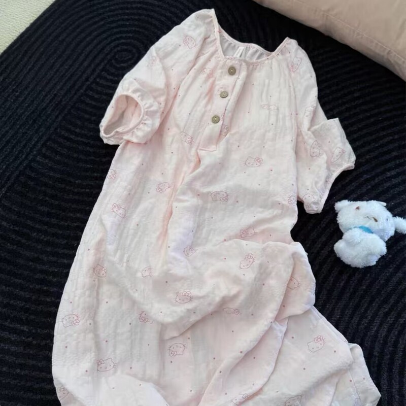Cloud Cotton Sweet Style Polka Dot Cat Print Nightgown for Women, Summer Mid-Length with Chest Pads, Round Neck Short Sleeve Homewear Nightdress Cloud Cotton Sweet Style Polka Dot Cat Print Nightgown for Women, Summer Mid-Length with Chest Pads, Round Neck Short Sleeve Homewear Nightdress