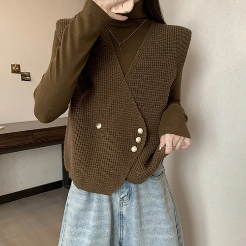 Loose Retro V-neck Knit Cardigan Vest for Women, Spring and Autumn Season, Cantian, Sweatshirt, Sleeveless Backless Top Upper Garment