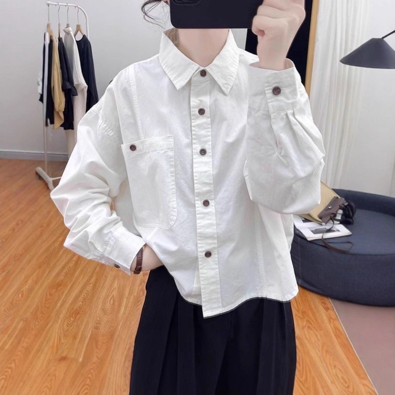 Hong Kong Style Top Pure Cotton Polo Collar Loose Long-Sleeved Shirt for Women Small Age-Reducing Spring & Fall Casual Shirt