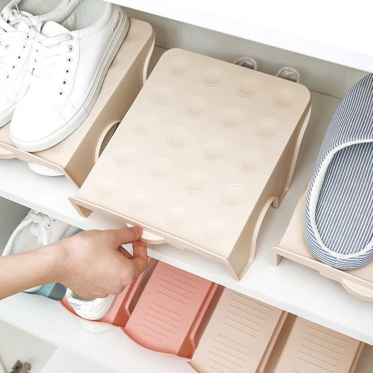 Double-layer plastic shoe rack, space-saving, easy-assembly, available in blue, khaki, gray, orange
