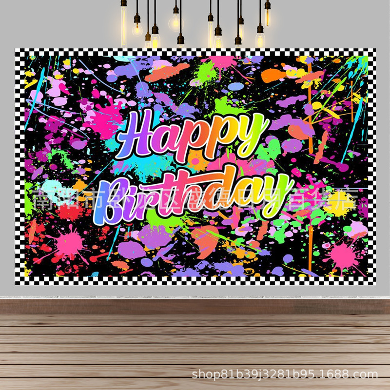Neon happy birthday photo banner photo cross-border color graffiti splash paint raw party photography background cloth