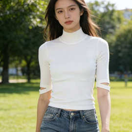 张元英同款白色辣妹风半高领针织T恤女夏季半袖收腰显瘦上衣女