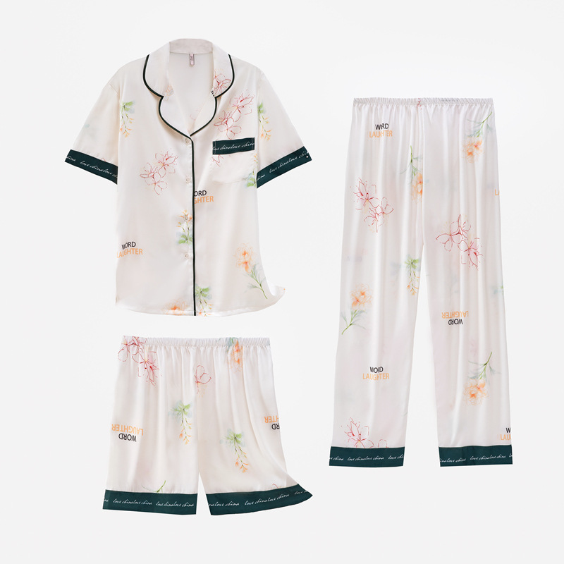 2024 Pajamas Women's Ice Silk Summer Short-sleeved Trousers Shorts Three-piece Summer Floral Mother Silk Home Clothes suit