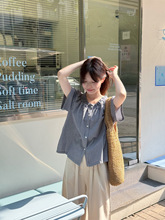 夏季2025新款宽松显瘦百搭圆领上衣复古气质条纹休闲短袖衬衫女潮