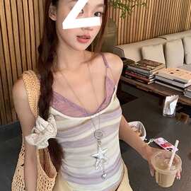 设计感小众2025新款吊带背心女夏外穿露背辣妹蕾丝条纹无袖上衣