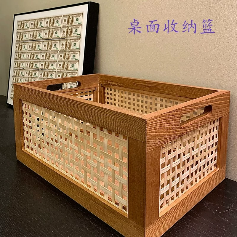 Retro table storage box from natural wood, storage basket, storage system