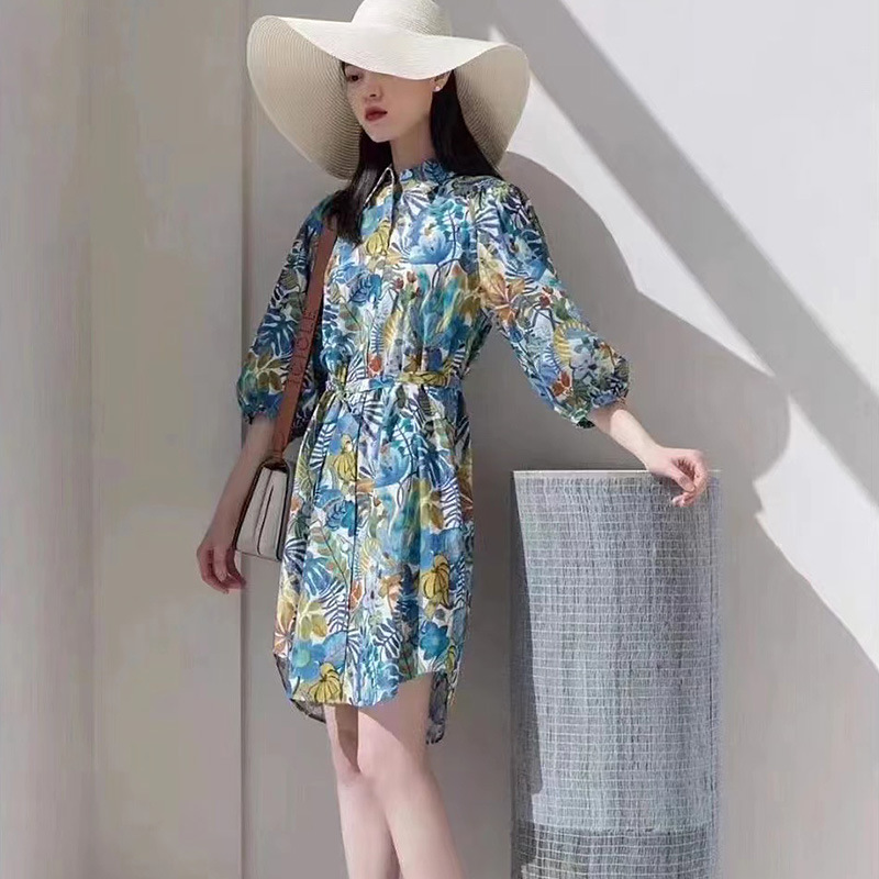 IC Xiaohe Tropical Rainforest Printed Shirt Dress 2025 New Long Sleeve Lace-up Waist Slimming White Elegant Fashion