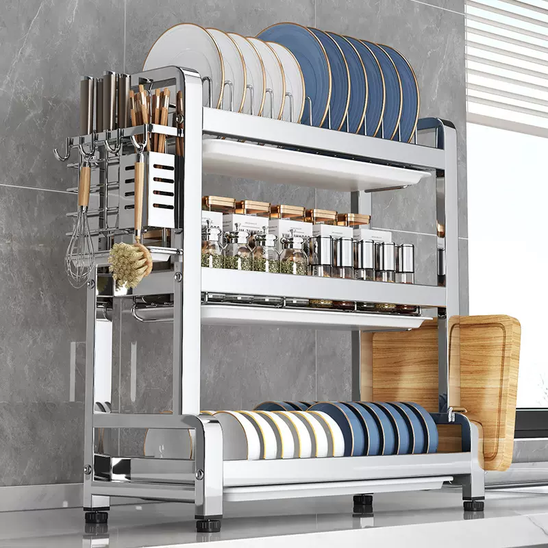 加厚不锈钢碗架盘架收纳架沥水架置物柜厨房置物架家用多层收纳架
