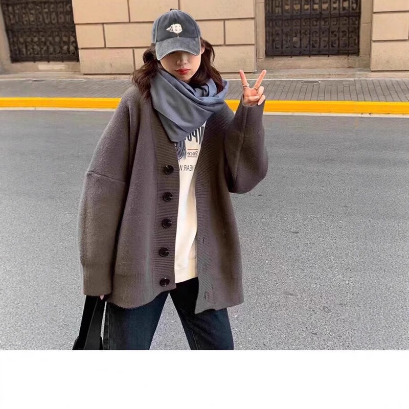 黑色羊毛外套女大码2025加厚外穿复古中长款慵懒宽松v领开衫毛衣|undefined