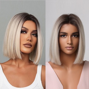 European and American Wig Women's Wigs Gradient Color Short Hair Full Head Cover Clavicle Hair Simulation Medium Long Wig Cover Hair Chemical Fiber