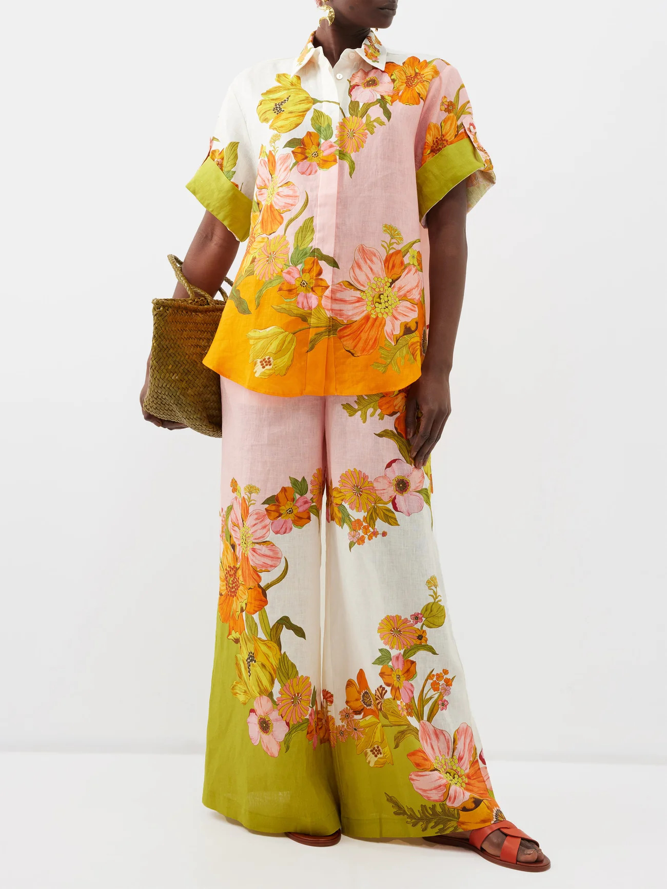 420g Weight Half Sleeve Sleeve Length Linen Fabric Type Holiday Women's Casual Flower Linen Printing Pant Co-ord Set Pants Sets