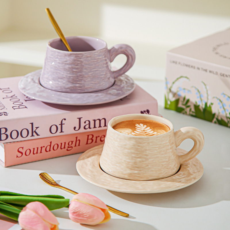 Tazas de café de cerámica de piedra de alta calidad, platos de oficina, tazas de café lujosas, copas de desayuno, regalo de mano.