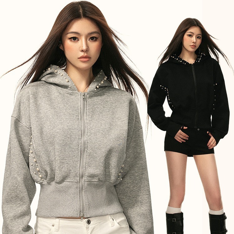 跨境钉珠短款连帽外套女2025秋季新款美式复古辣妹珍珠卫衣外套男|undefined