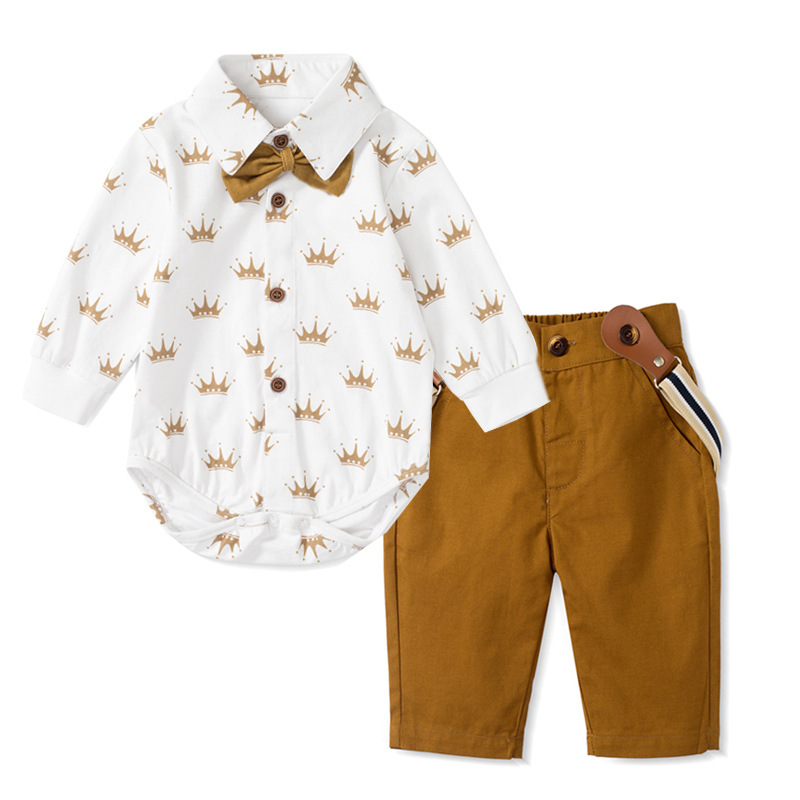 European and American boys and babies gentlemen's dress for young children spring and autumn new long-sleeved trousers triangular clothes set one piece on delivery