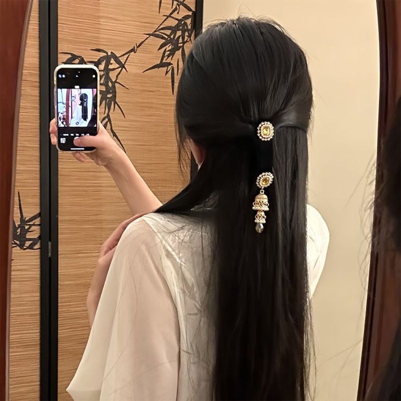 古典韵味新中式蓝色流苏发夹女绝美边夹刘海发卡发饰|undefined