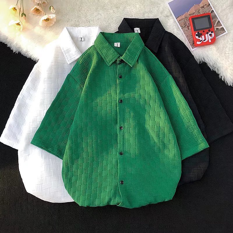 Hong Kong Style Green Waffle Short-Sleeved Shirt Men's Summer Loose Casual Shirt Men's Outer Wear Trendy Brand Quarter-Sleeved Shirt