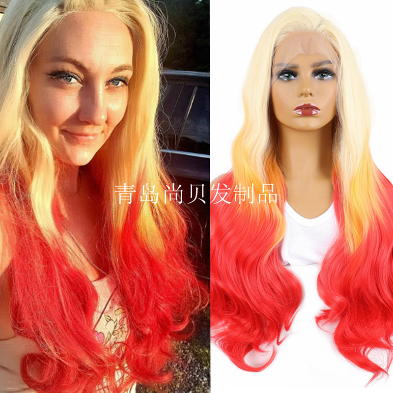 European and American Style Blonde Gradient Yellow-Red Three-Color Natural Long Curly Hair Lace Front Synthetic Wig Hairpiece Wholesale