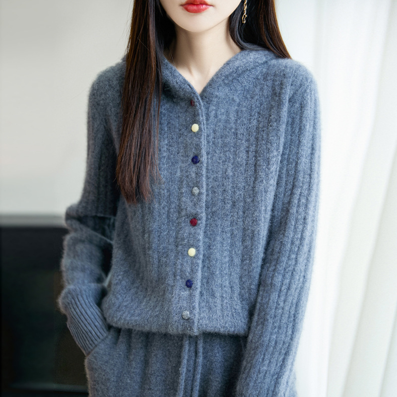 重磅加厚100纯羊毛开衫女秋冬毛衣宽松上衣连帽羊绒针织女装外套|undefined