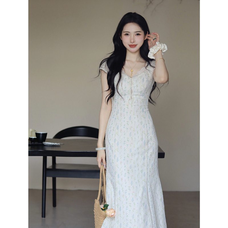 Chinese Style National Style French Style dress Women's Summer Square Collar New Summer Slim-fit Elegant Waist Long Dress Cheap Floral Chinese Style National Style French Style dress Women's Summer Square Collar New Summer Slim-fit Elegant Waist Long Dress Cheap Floral