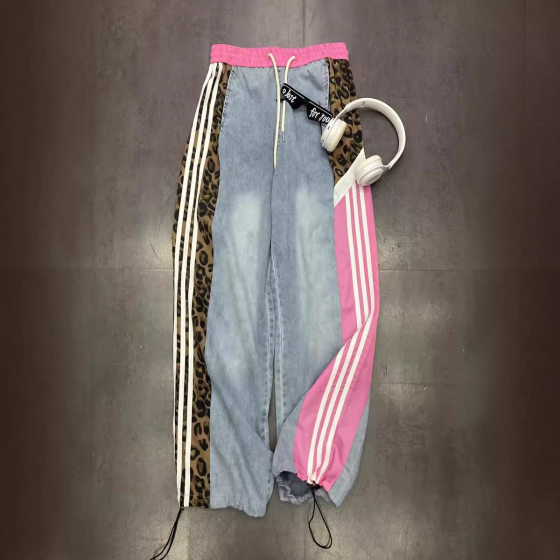 European Leopard Print Jeans Women's 2024 Autumn New Style Design Sense AB Side Side Loop Waist Straight Pants Trendy