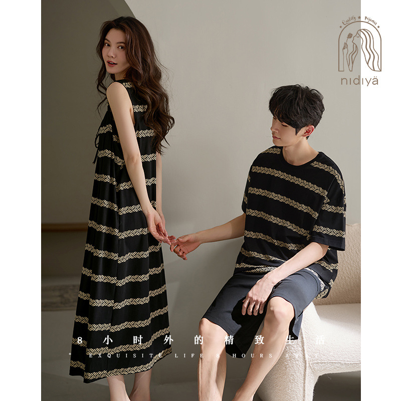 Nidiya 커플 잠옷 여성 여름 얇은 부드러운 면화 가슴 패드 조끼 드레스 남성 캐주얼 겉옷 홈웨어 세트