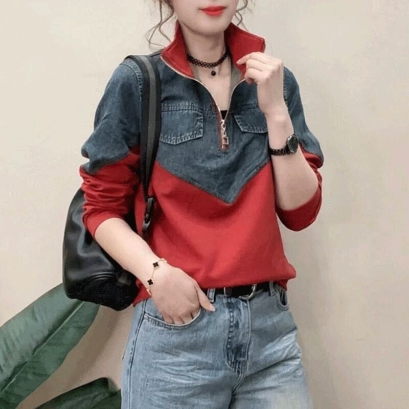 New Fashionable Casual Women's Sweatshirt for Spring and Autumn, Korean Style Loose Fit, Versatile, Thin, Half-Zip, Spliced Design Top New Fashionable Casual Women's Sweatshirt for Spring and Autumn, Korean Style Loose Fit, Versatile, Thin, Half-Zip, Spliced Design Top