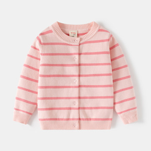 Korean Style Children's Clothing Girls' Single-Sided Knitted Cardigan One-Piece Baby Striped Open-Button Sweater Children's Fashionable Jacket