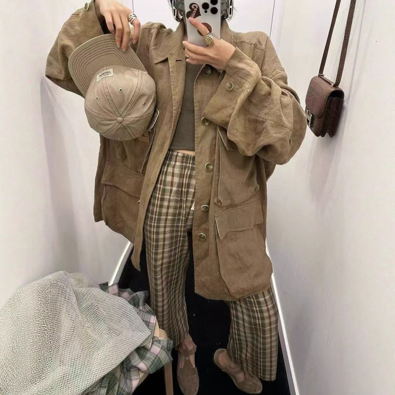 2025秋 韩版宽松时尚汉麻立体口袋中长款外套百搭休闲上衣女26903|undefined