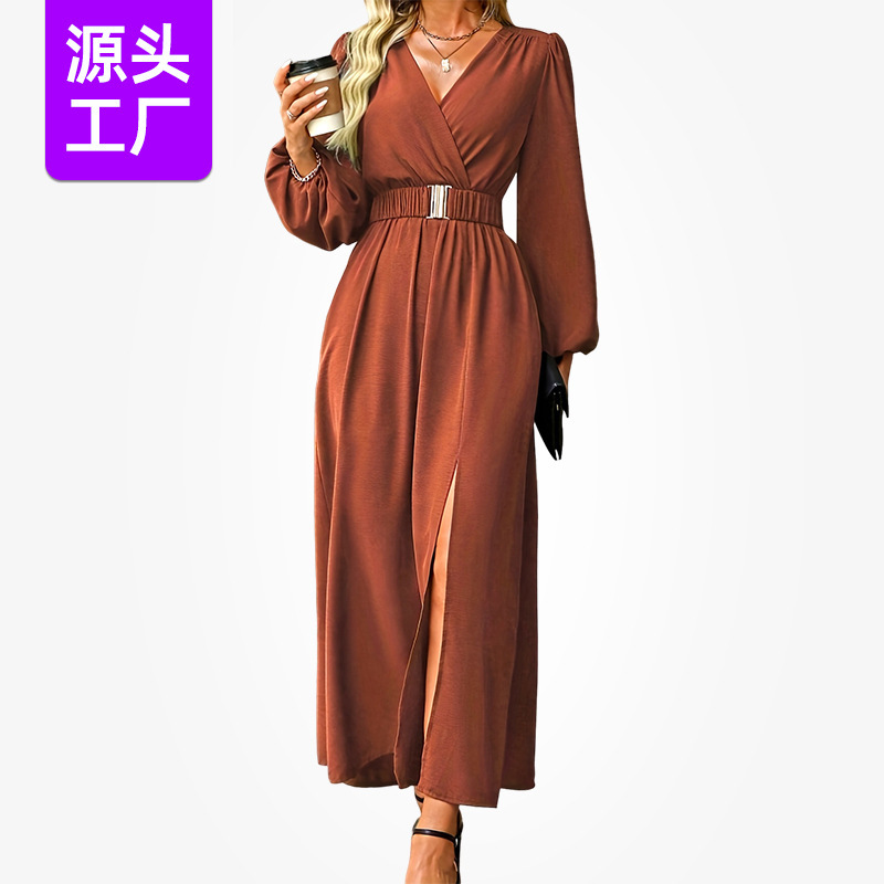 Cross-Border Dropshipping of European and American Style Solid Color V-Neck Dress with Waist-Cinching Slit and Lantern Sleeves, Elegant Long Women's Dress Wholesale Cross-Border Dropshipping of European and American Style Solid Color V-Neck Dress with Waist-Cinching Slit and Lantern Sleeves, Elegant Long Women's Dress Wholesale