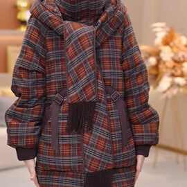 格子白鸭绒羽绒服冬季新款时尚围巾连帽加厚保暖中长款外套新品款